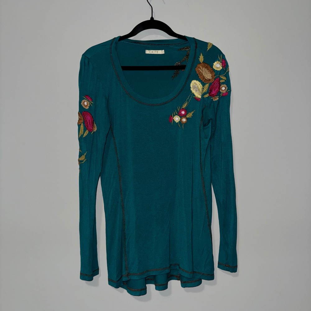 Caite Womens Teal Floral Embroidered‎ Long Sleeve Scoop Neck Knit Top Large